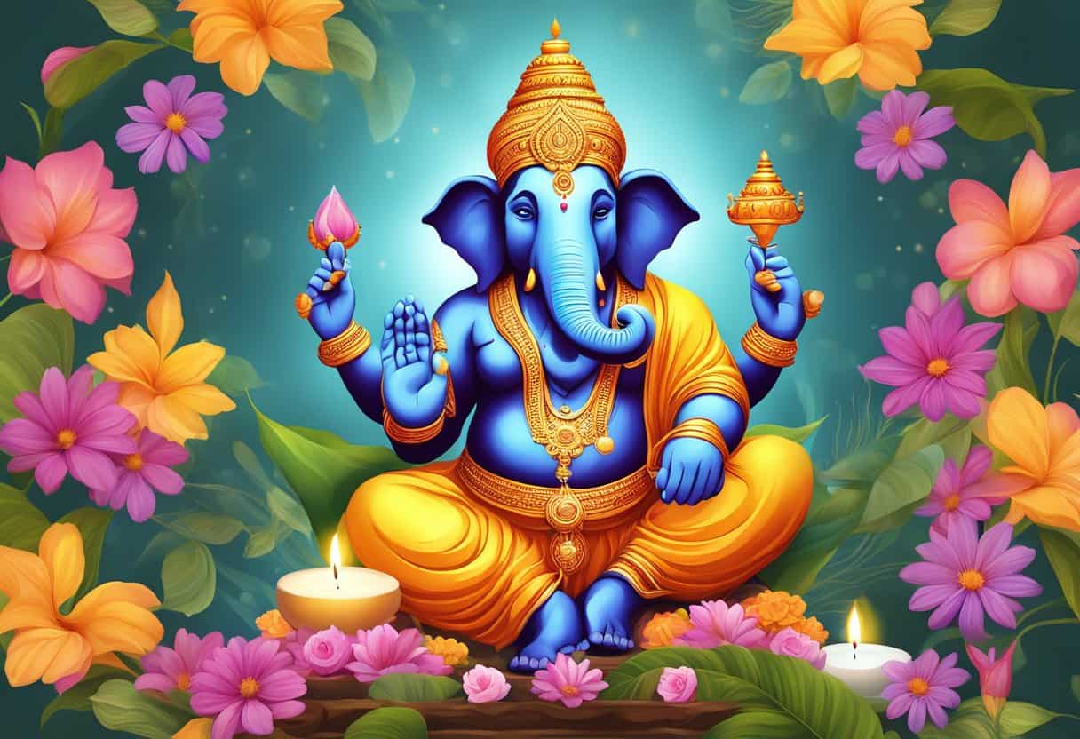 Ganesha statue surrounded by incense, flowers, and candles, symbolizing spiritual significance