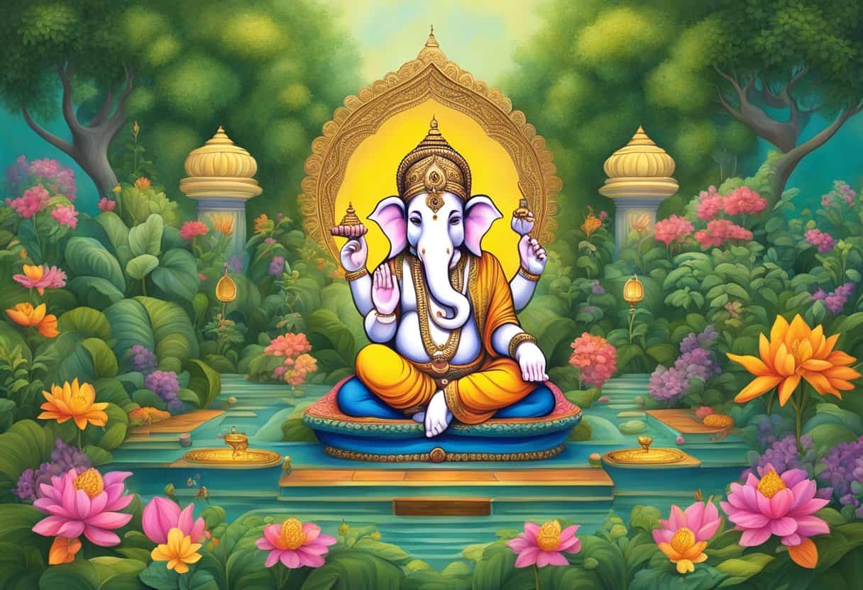 Ganesha's family origins, spiritual significance. A serene, lush garden with a small, ornate shrine. Ganesha's presence felt through vibrant colors and intricate details