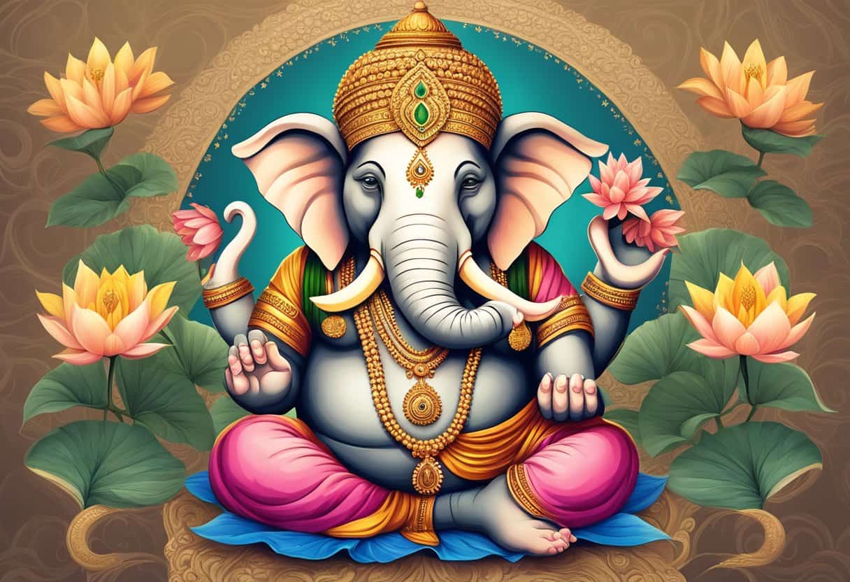 Ganesha, the elephant-headed deity, sits peacefully with a lotus flower in one hand and a broken tusk in the other, symbolizing spiritual wisdom and the removal of obstacles
