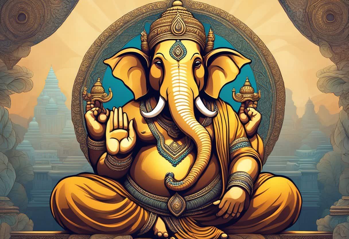 Ganesha, a spiritual symbol, sits peacefully with his elephant head and four arms, representing wisdom and overcoming obstacles