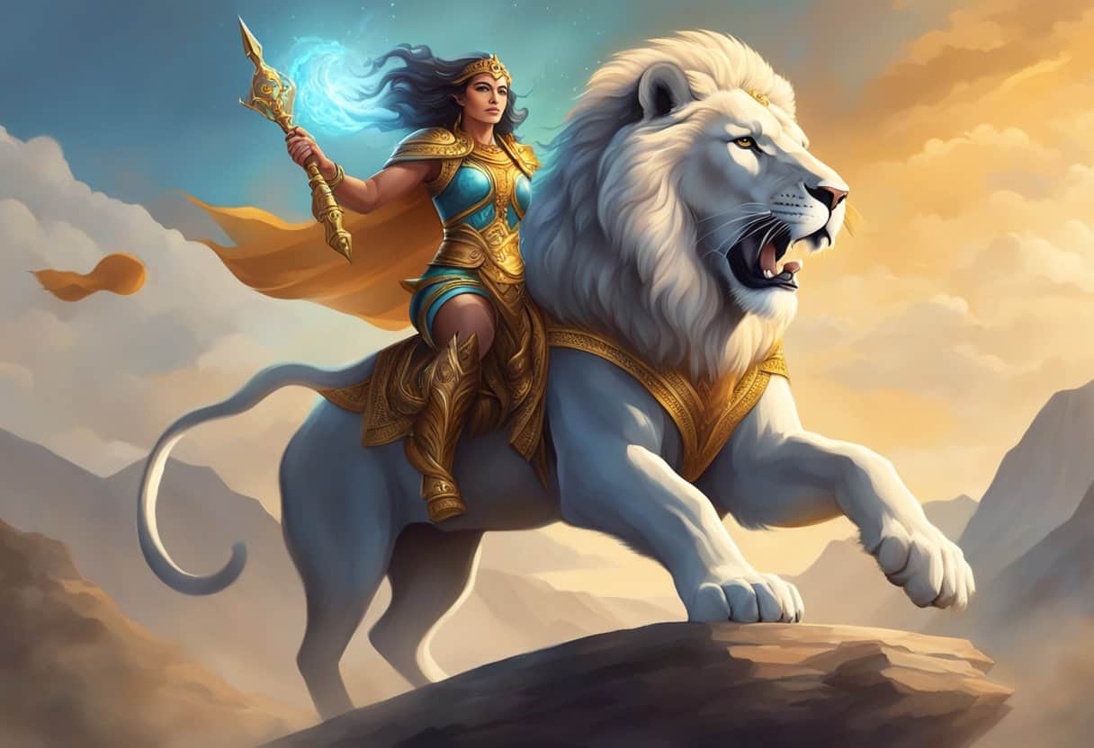 A fierce goddess riding a lion, wielding weapons, with multiple arms and a majestic aura