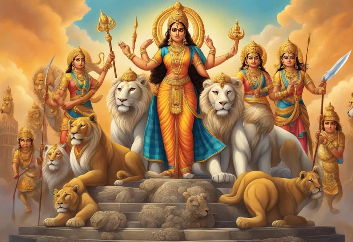 Durga stands tall, holding her weapons, surrounded by a lion, a demon, and worshippers, symbolizing her historical and cultural influence