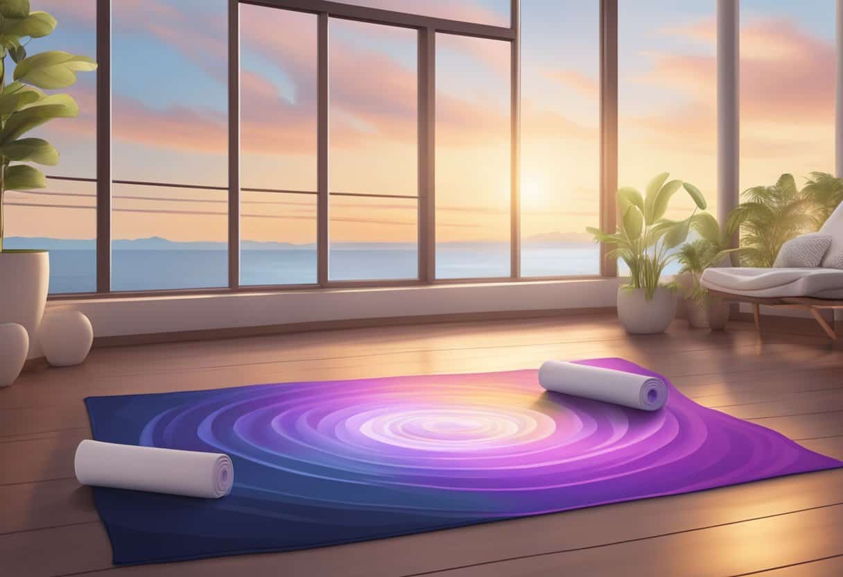 A serene yoga mat in a peaceful setting, with gentle waves of energy flowing and swirling around it, representing the vrittis being controlled