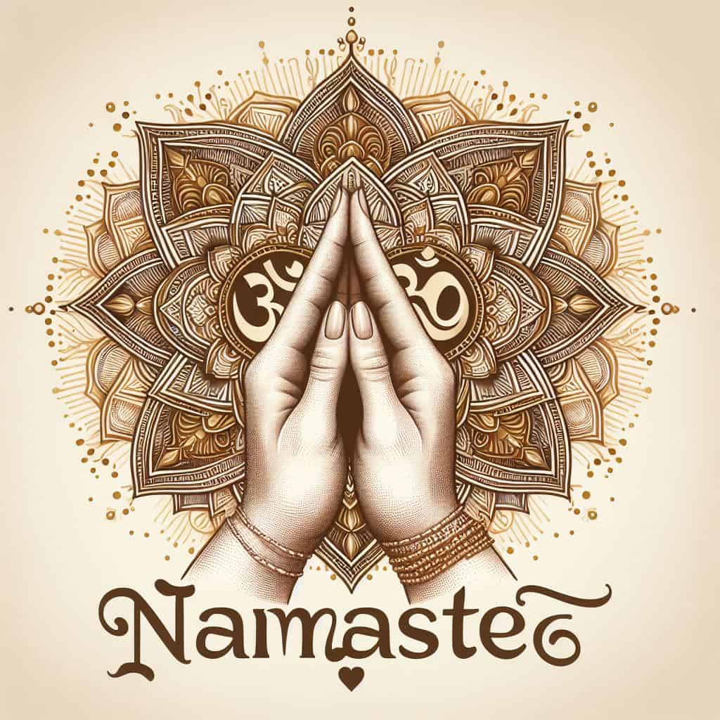 Two hands pressed together, fingers pointing upwards, with a slight bow, symbolizing respect and greeting in the Indian culture