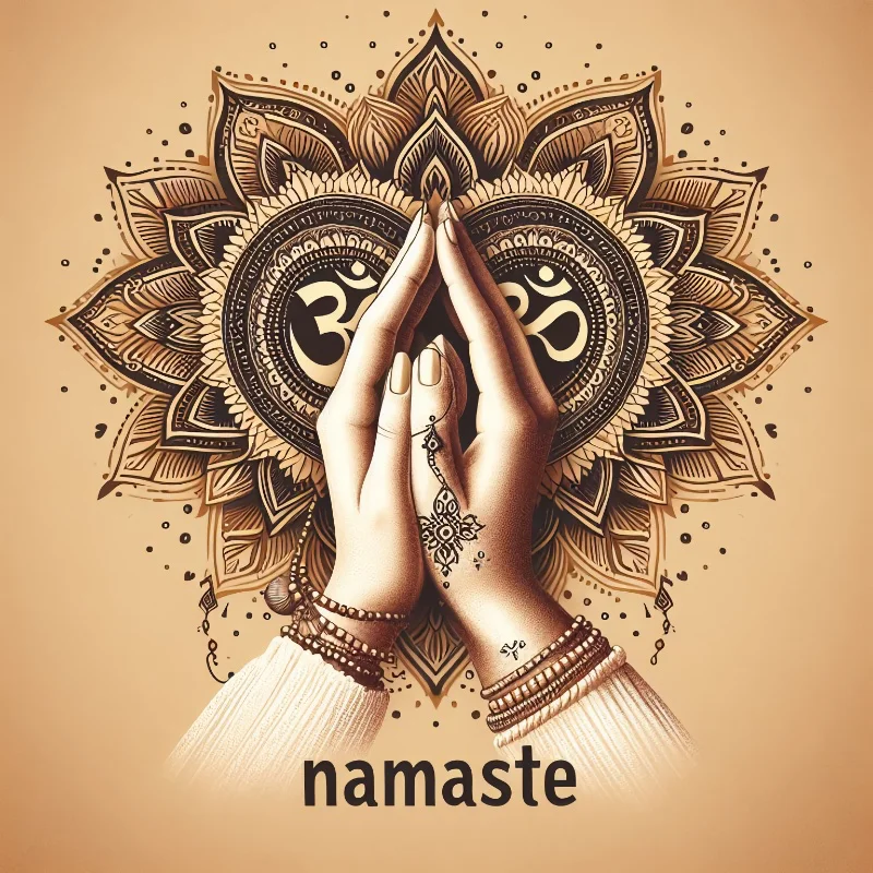 Two hands pressed together in front of a serene landscape, representing the greeting gesture of "namaste" outside of Asia