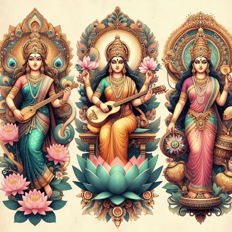 Three goddesses stand side by side, each holding their respective weapons and radiating power and grace. The backdrop is a celestial realm with swirling clouds and glowing stars