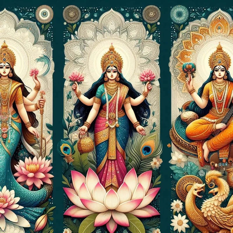 The Tridevi goddesses stand united, each radiating power and grace. Saraswati holds a veena, Lakshmi carries a lotus, and Durga brandishes a trishula
