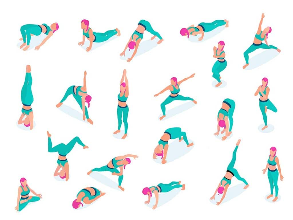 A group of yoga poses, or asanas, arranged in a sequence, with clear lines and angles to show the body's positioning and alignment