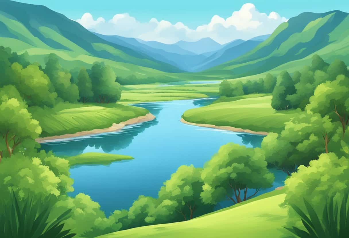 A serene landscape with a peaceful river flowing, surrounded by lush greenery and mountains, under a clear blue sky