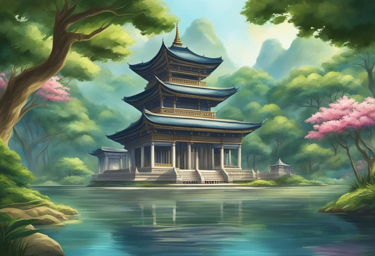 A serene temple with intricate carvings, surrounded by lush greenery and a peaceful river flowing nearby