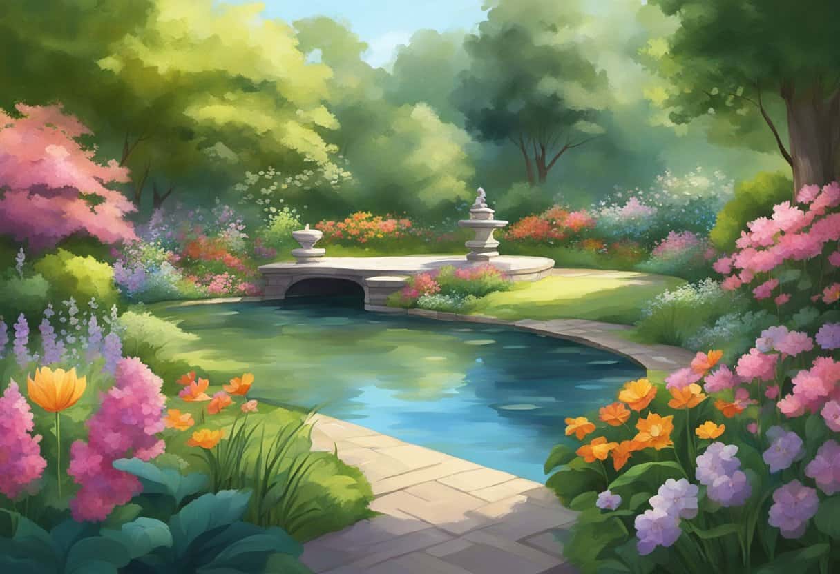 A peaceful garden with a serene pond, surrounded by lush greenery and colorful flowers, with a gentle breeze rustling the leaves