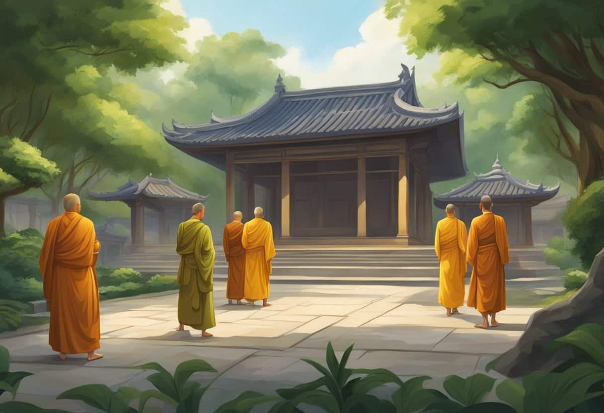 A group of monks in traditional robes gather in a serene temple courtyard, surrounded by lush greenery and a peaceful atmosphere