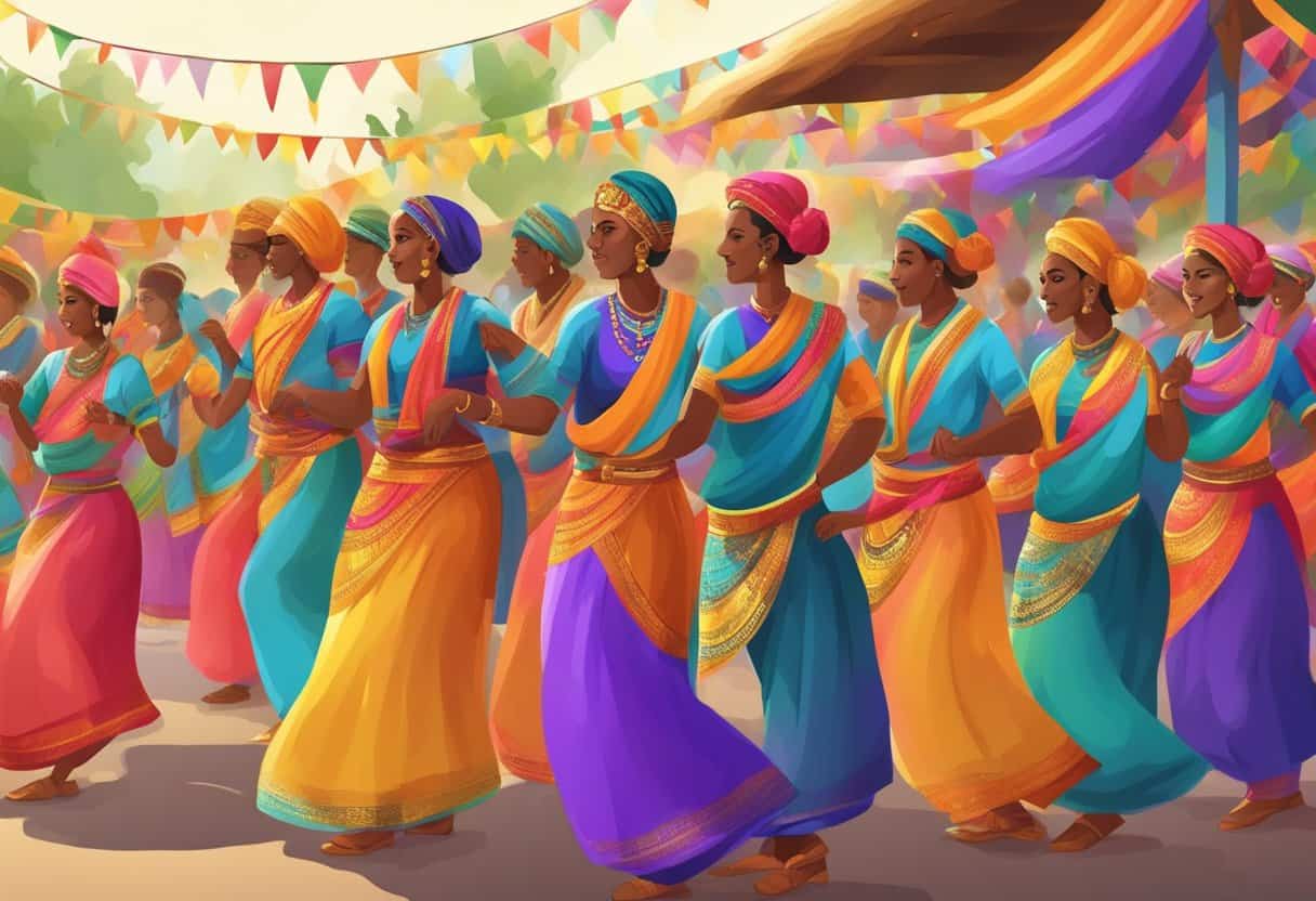 A vibrant cultural festival with traditional dances and colorful decorations