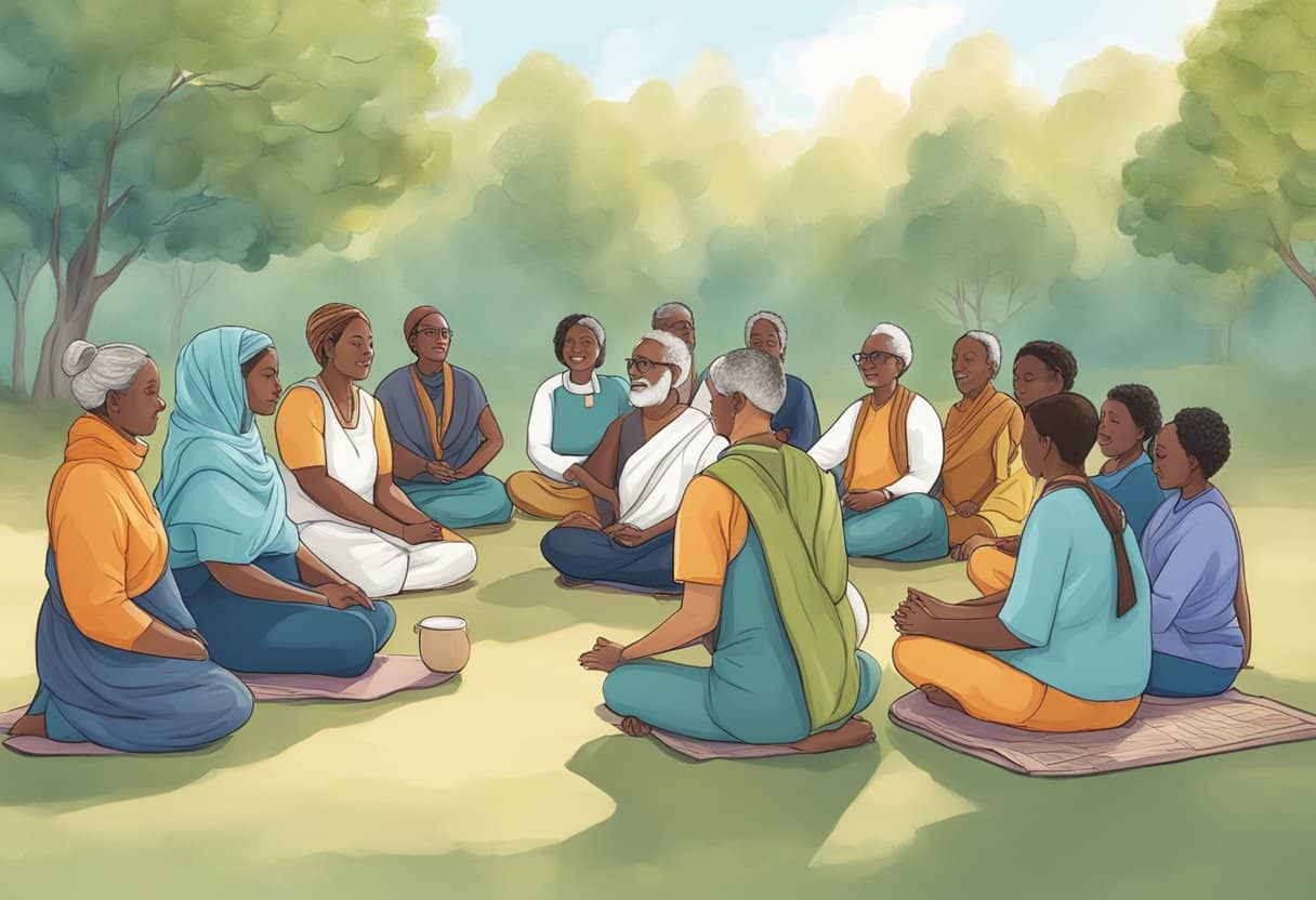 A group of community members engage in dialogue and collaboration, forming a supportive and inclusive sangha