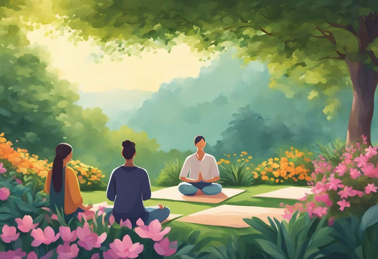 People meditating in a serene garden, surrounded by lush greenery and colorful flowers, with a peaceful atmosphere