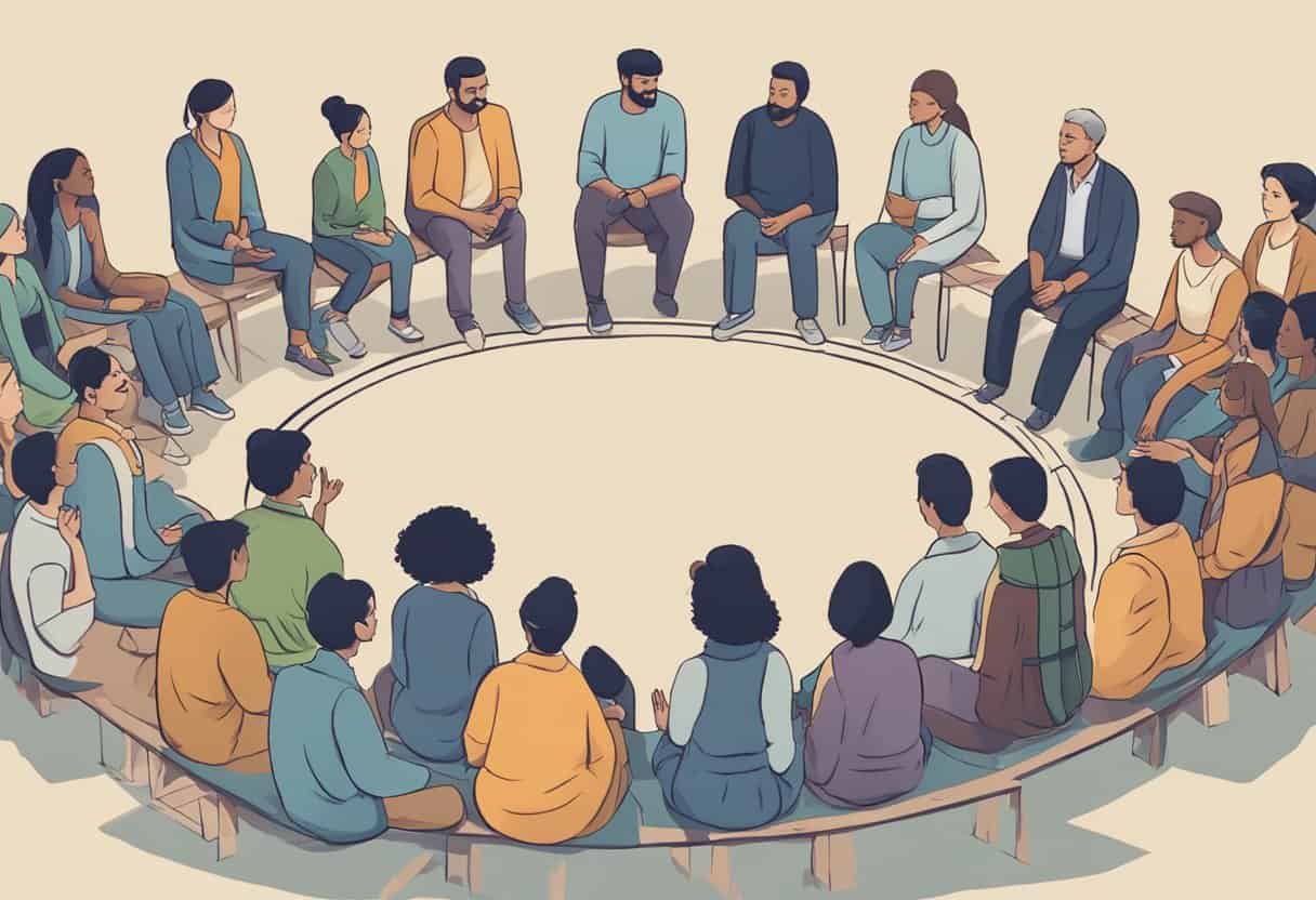 A group of people gathered in a circle, engaged in conversation, with a sign or banner that reads "Frequently Asked Questions sangha" displayed prominently