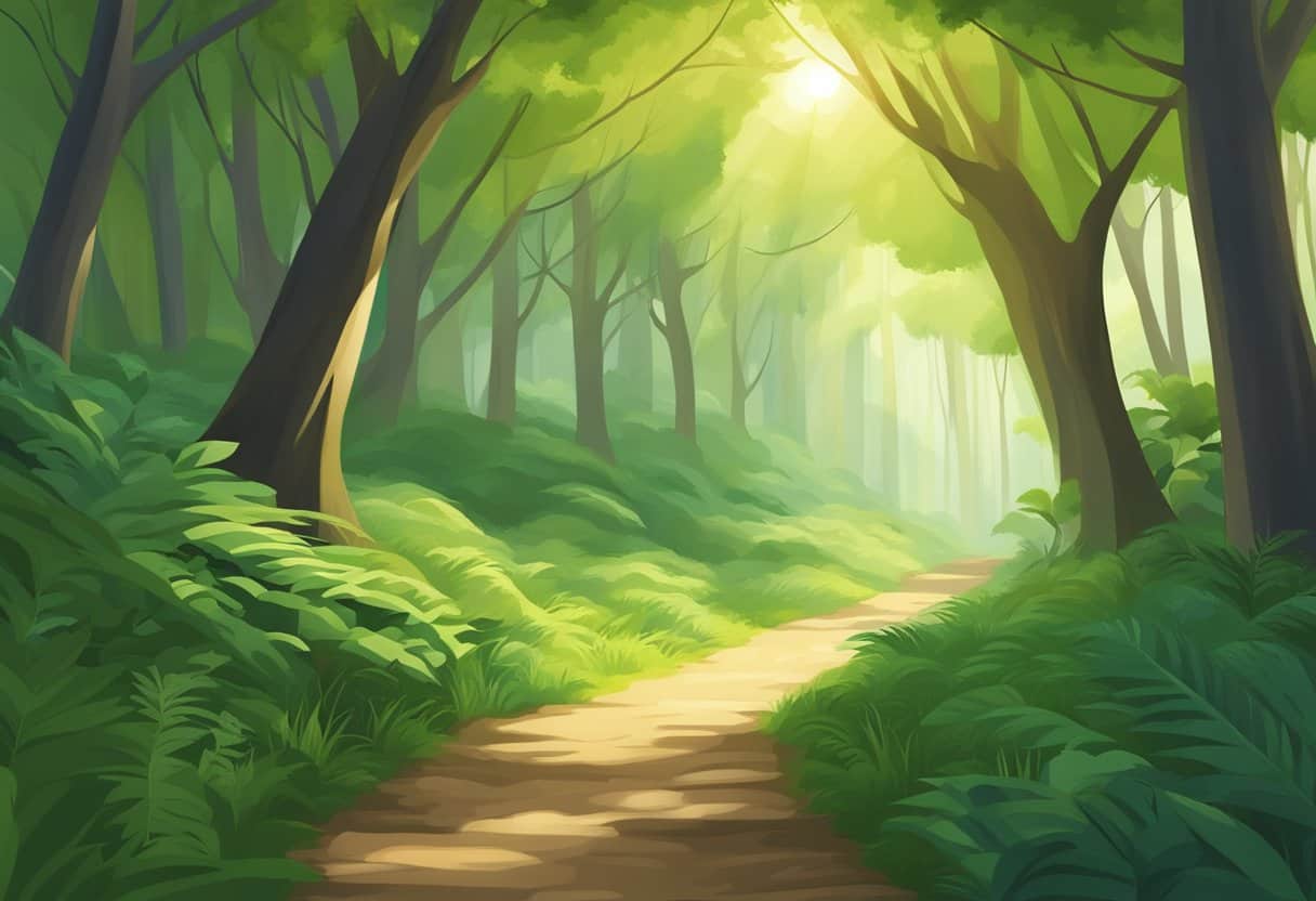 A serene path winds through a tranquil forest, with rays of sunlight filtering through the lush green canopy above