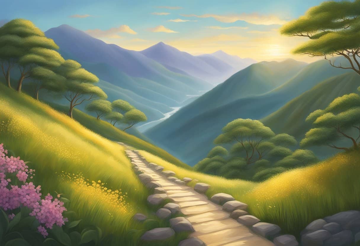 A serene path winds through lush mountains, symbolizing the Noble Eightfold Path's impact on personal development. The path is illuminated by a soft, golden light, evoking a sense of peace and enlightenment