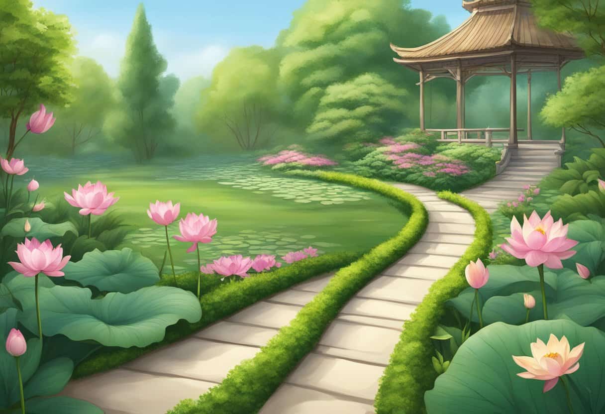 A serene garden with a winding path, surrounded by blooming lotus flowers and lush greenery, leading towards a peaceful meditation space