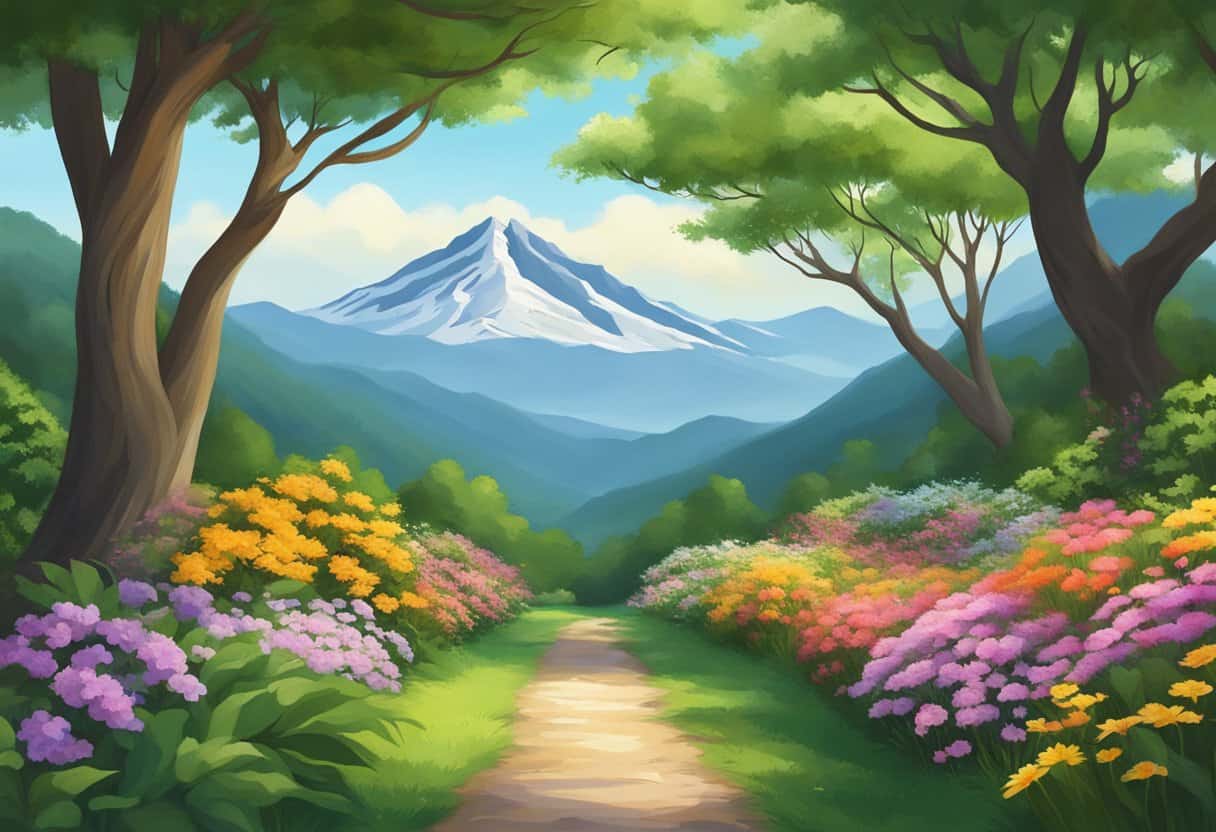 A serene path winds through lush greenery, flanked by blooming flowers and towering trees, leading towards a distant mountain peak