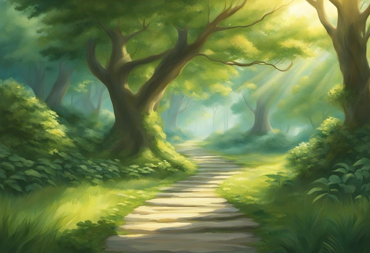 A serene path winds through lush greenery, with eight clear signposts marking the Noble Eightfold Path. The sun casts a gentle glow over the scene, creating a peaceful and harmonious atmosphere