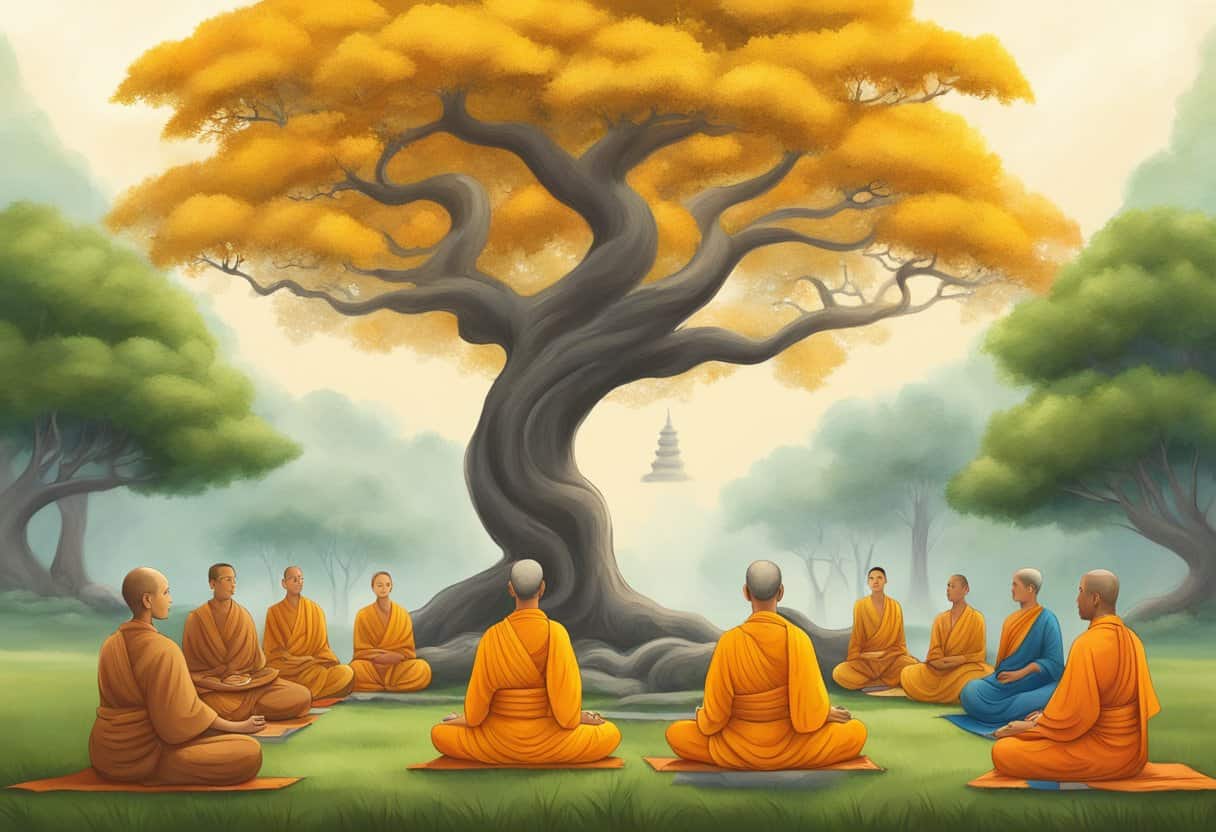A serene Bodhi tree stands tall, surrounded by monks in saffron robes, meditating in a peaceful garden