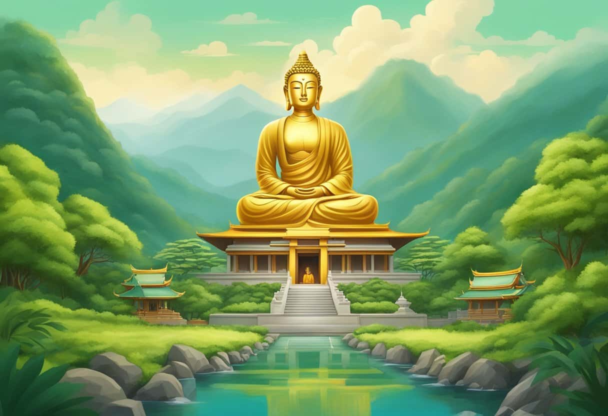 A serene temple nestled in lush green mountains, with a golden Buddha statue at its center, surrounded by chanting monks and the aroma of incense