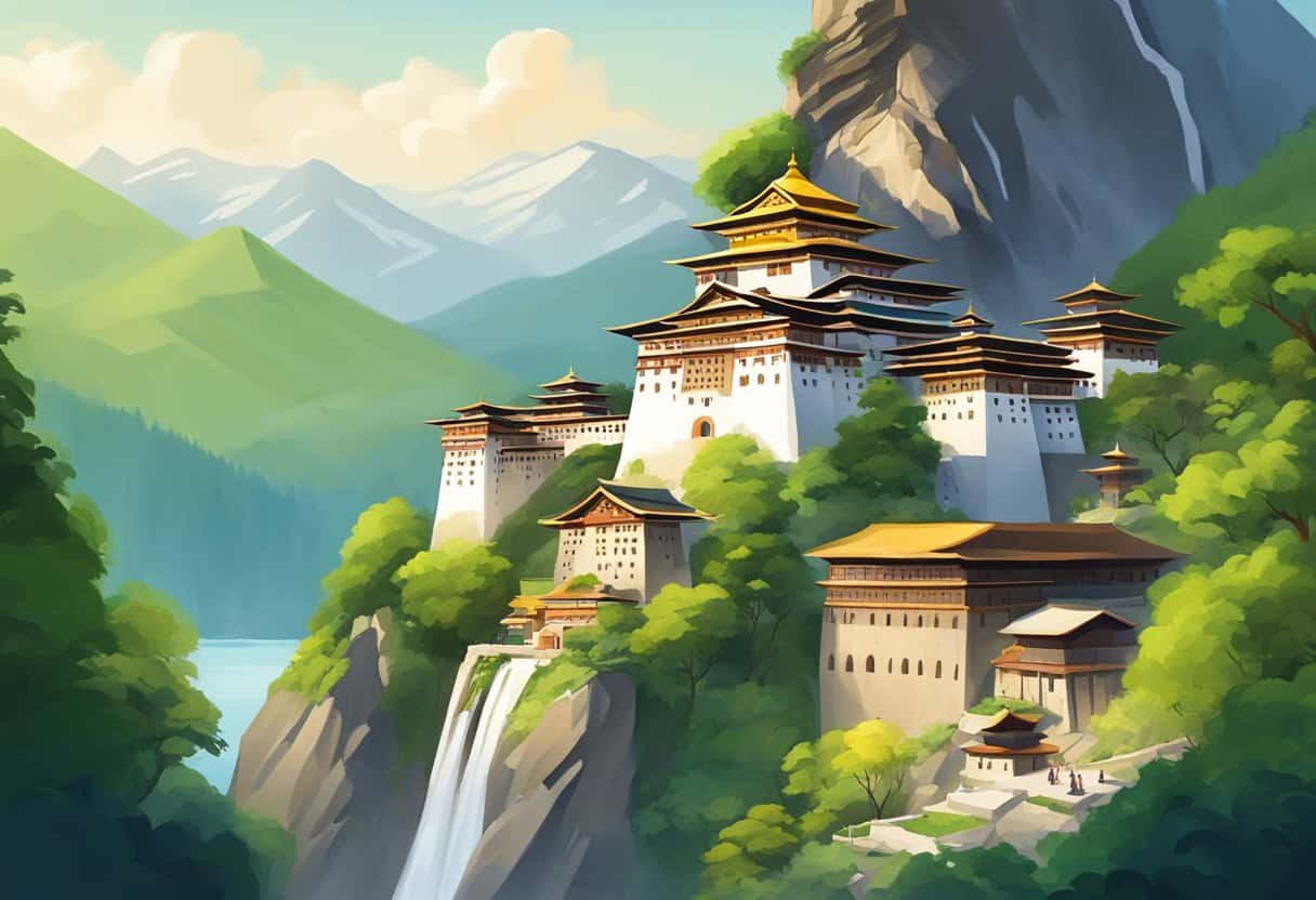 A serene monastery nestled in lush green mountains, with colorful prayer flags fluttering in the breeze and a peaceful meditation hall at the center
