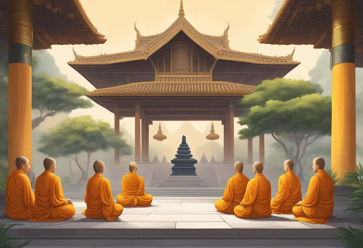 A serene temple courtyard with a Bodhi tree, a statue of Buddha, and monks in saffron robes meditating and chanting