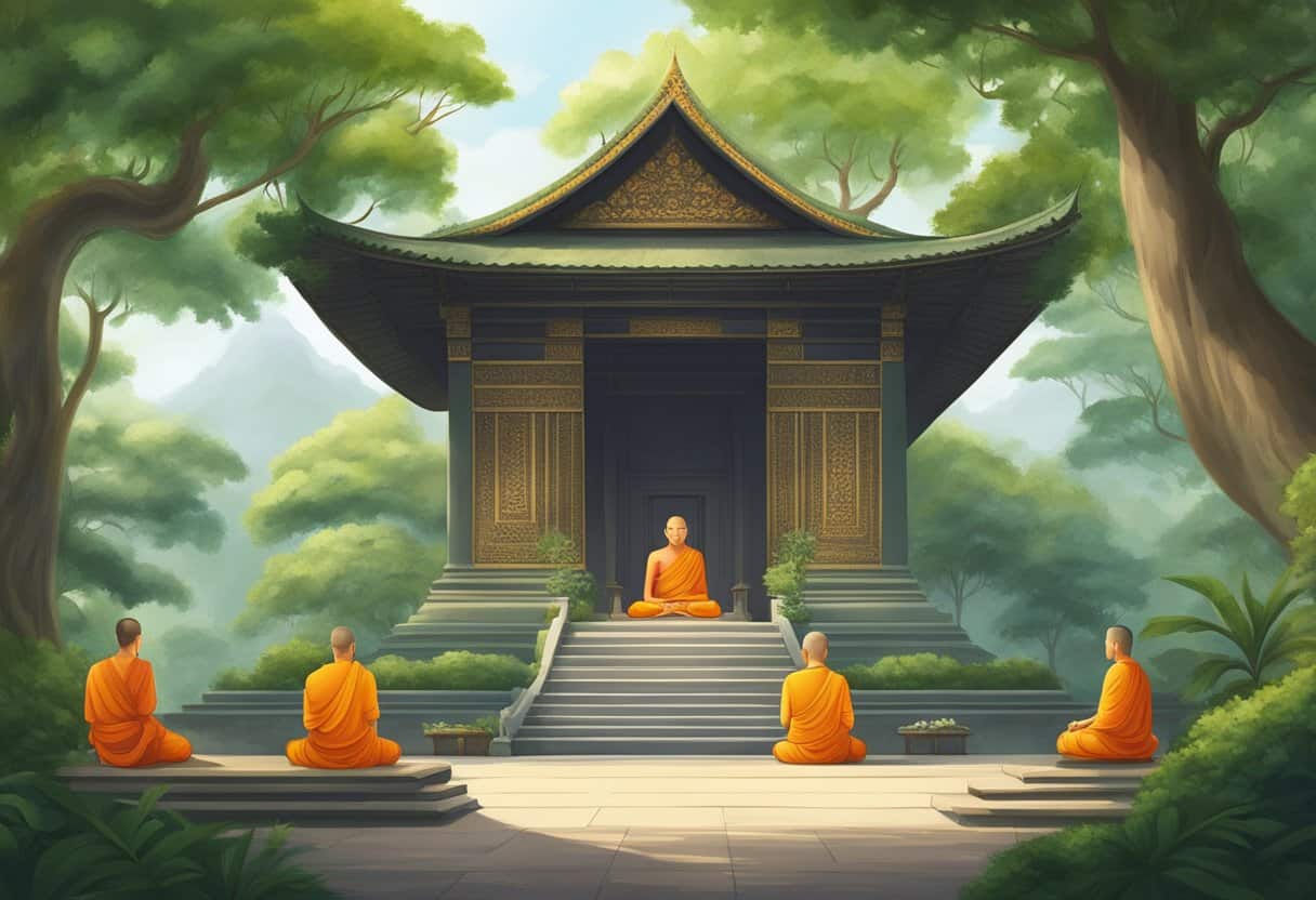 A serene temple surrounded by lush greenery, with monks meditating and chanting in the peaceful atmosphere of Theravada Buddhism
