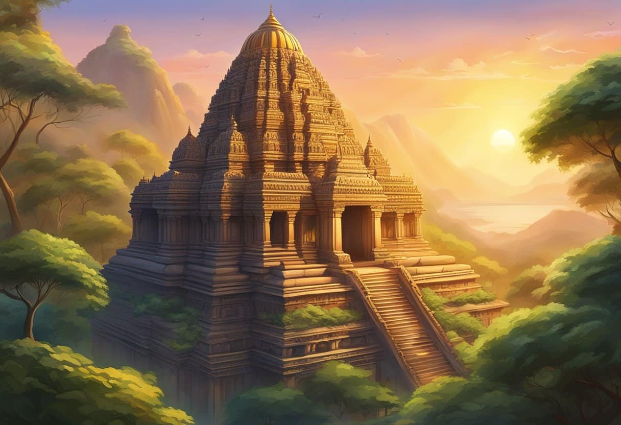 A serene landscape with ancient Hindu temples rising from the lush greenery, adorned with intricate carvings and colorful decorations. The sun sets behind the majestic structures, casting a warm glow over the sacred site