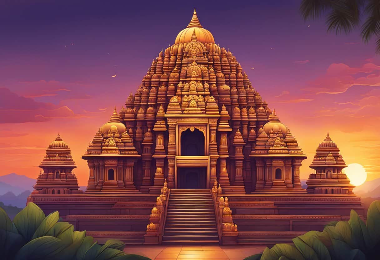 Iconic Hindu temples stand tall against a vibrant sunset, their intricate architecture and ornate carvings symbolizing spiritual significance