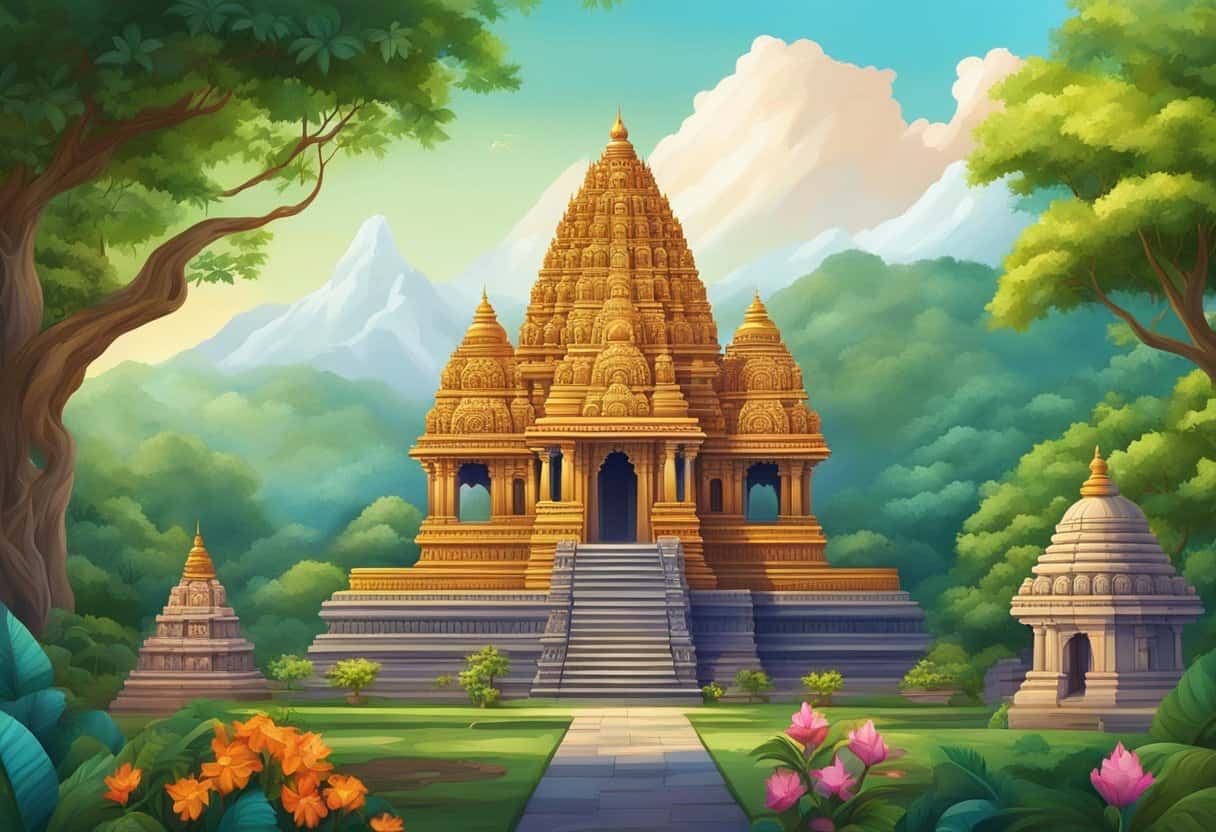 Vibrant Hindu temples with intricate carvings and colorful statues, surrounded by lush greenery and adorned with traditional decorative elements