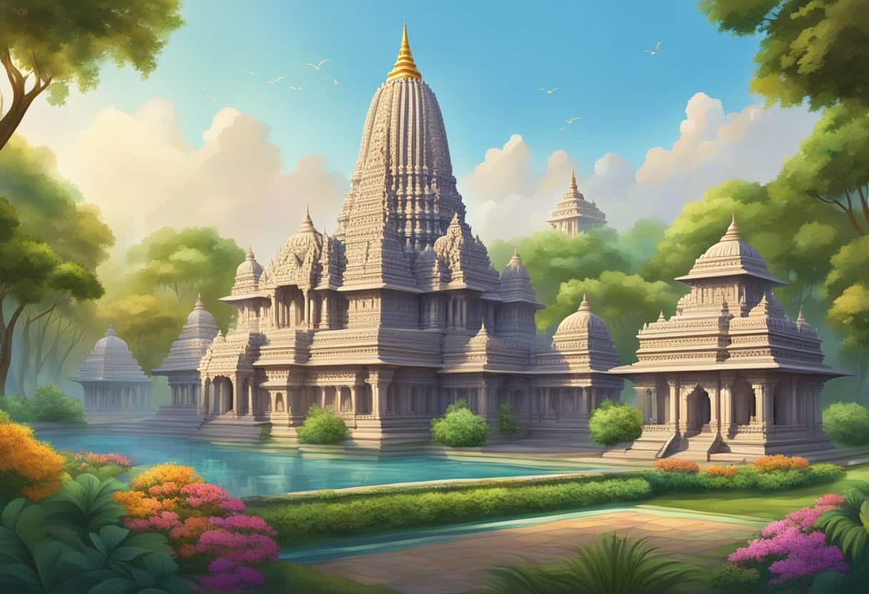 A grand Hindu temple with intricate carvings, towering spires, and colorful sculptures, surrounded by lush gardens and a serene reflecting pool