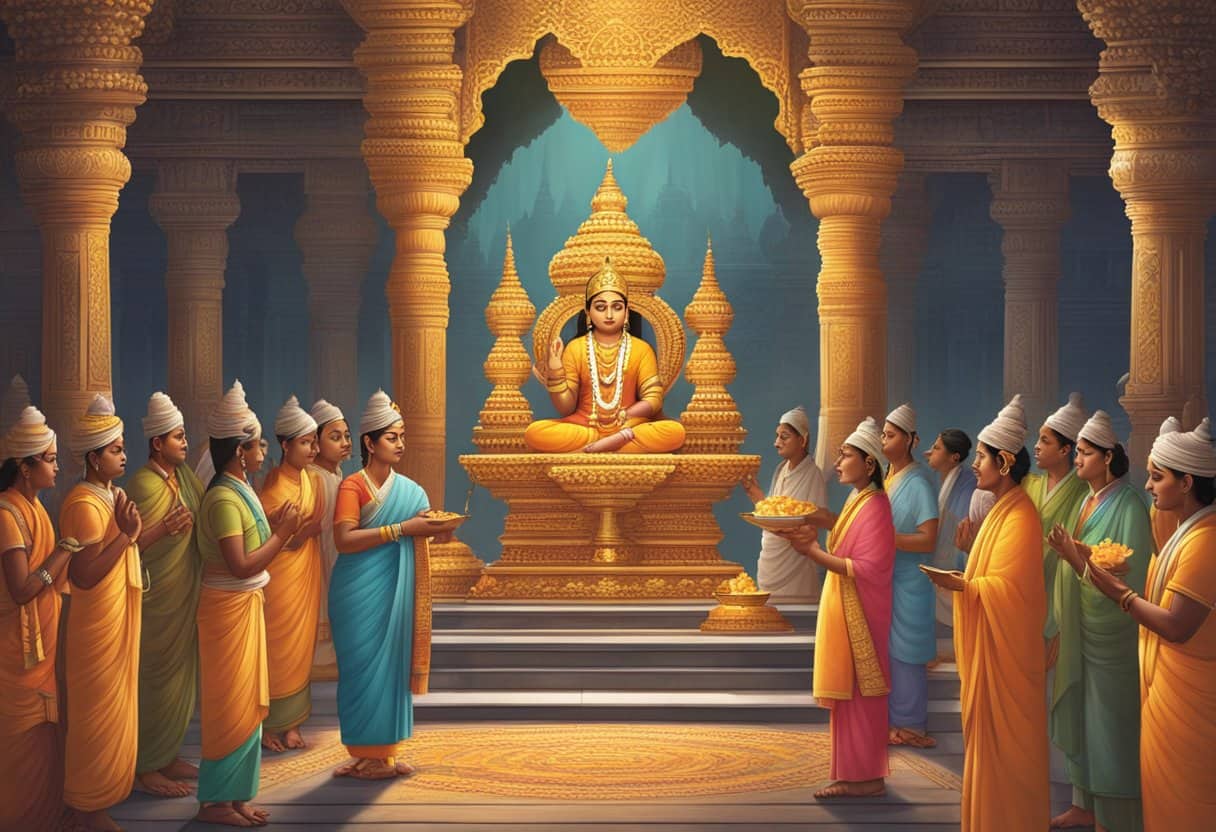 In a Hindu temple, offerings are placed before ornate deities as worshippers chant and light incense