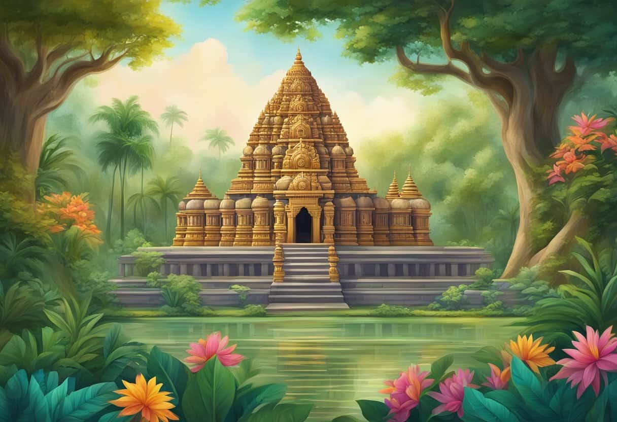 A serene Hindu temple with intricate carvings and vibrant colors, surrounded by lush greenery and adorned with traditional symbols