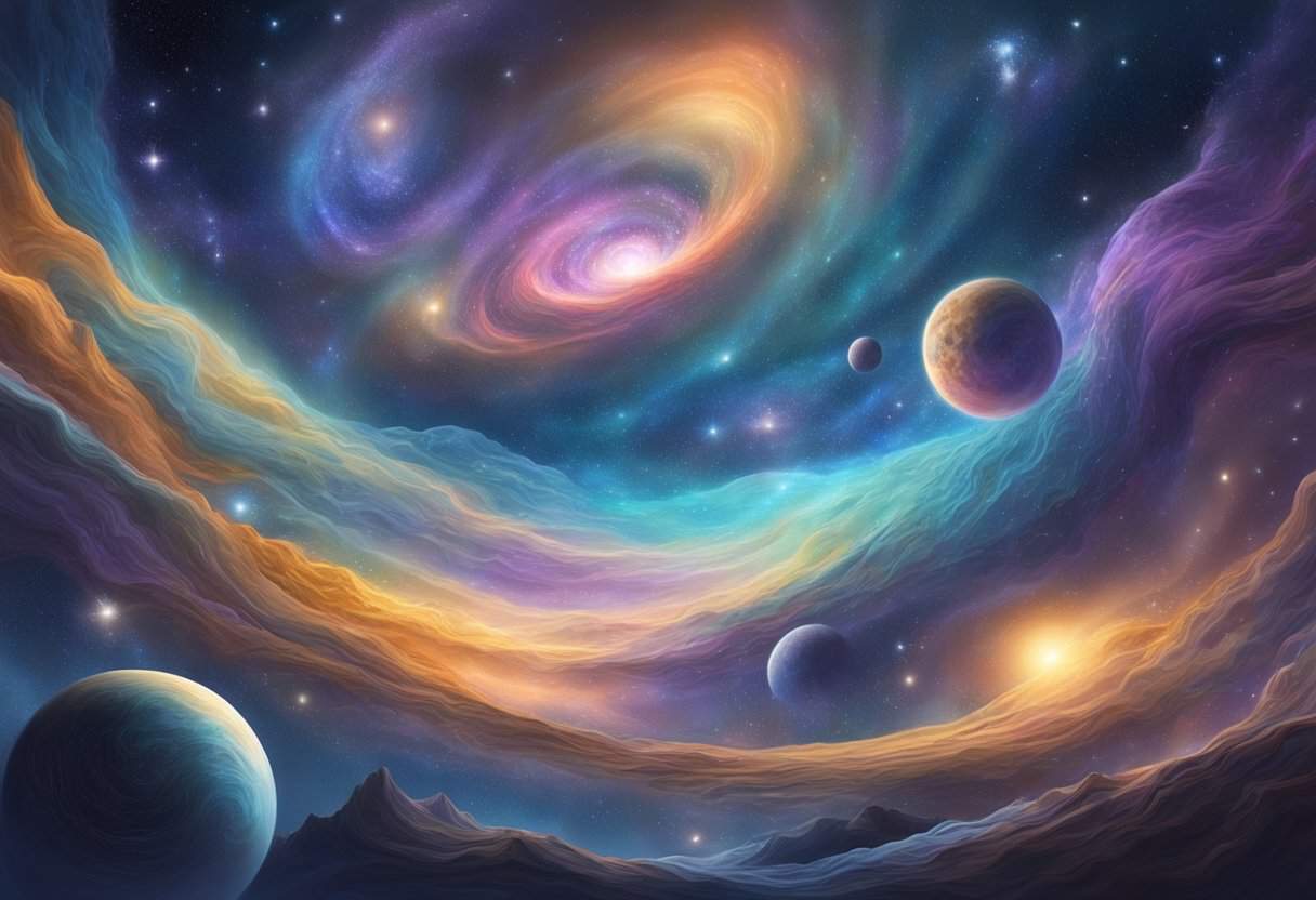 A cosmic landscape with swirling galaxies, celestial bodies, and a sense of interconnectedness and harmony