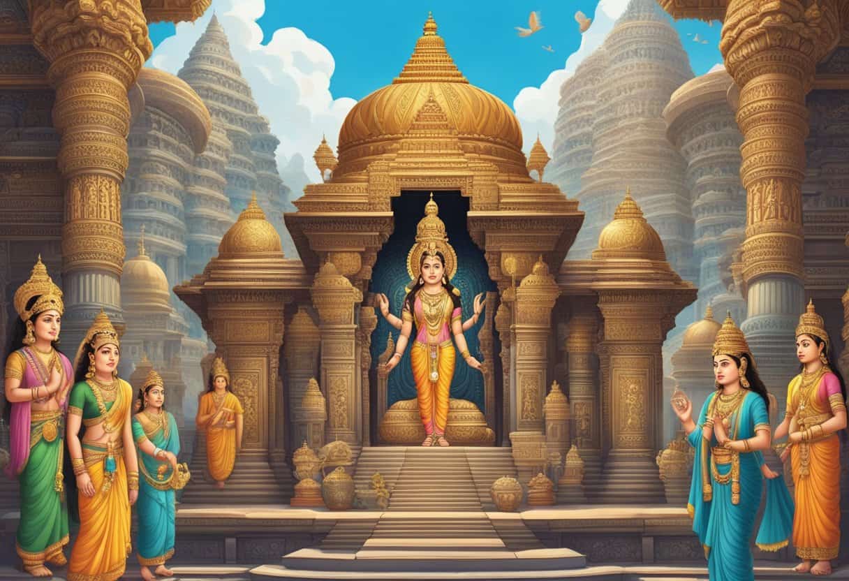 Parvati stands before the grand and ornate Hindu Pantheon, surrounded by intricate carvings and colorful statues of deities