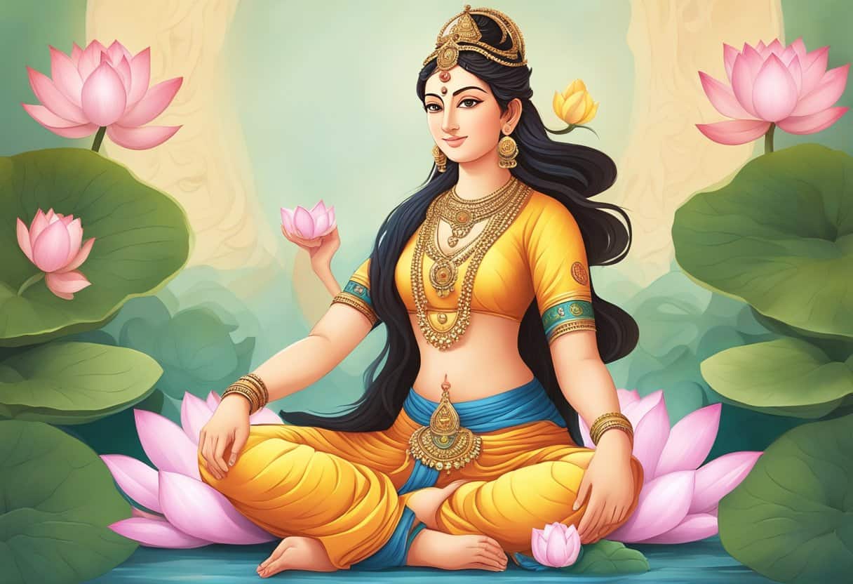 Parvati sitting on a lotus, surrounded by symbols of fertility and creation, with a serene expression and a gentle smile