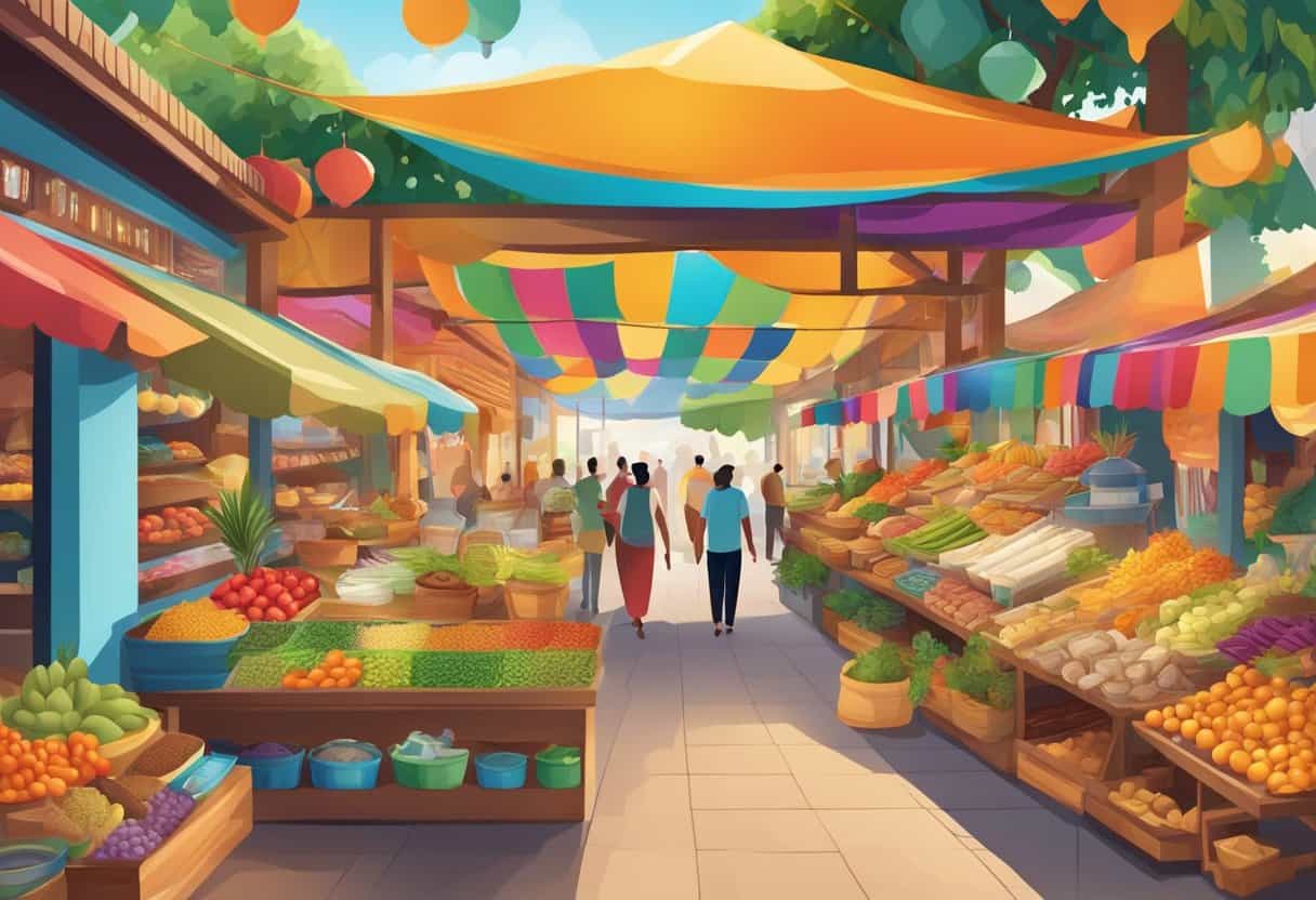 A vibrant marketplace with diverse cultural symbols and regional products displayed under a colorful canopy