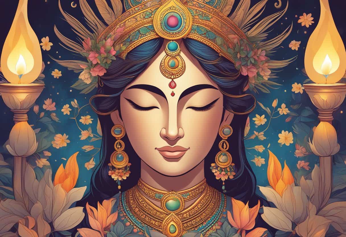 Parvati's serene face illuminated by candlelight, surrounded by floral offerings and incense