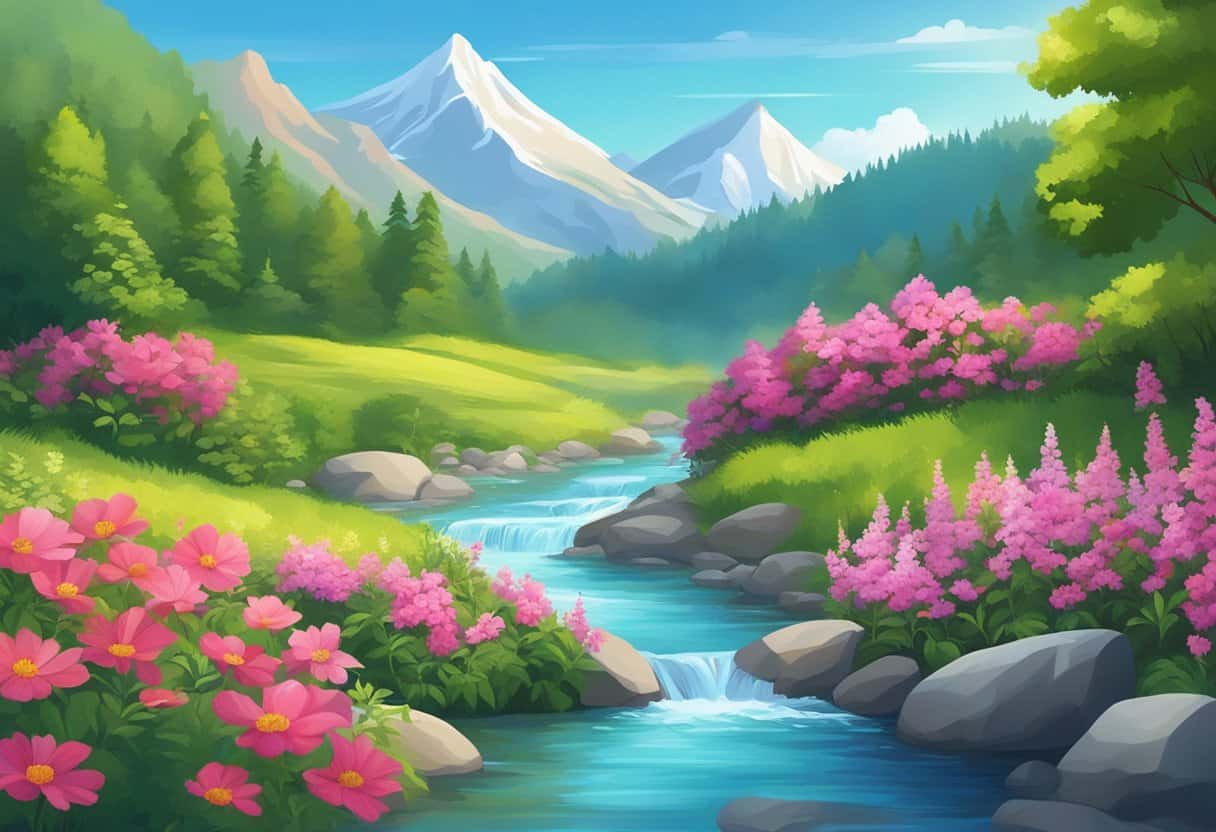 A serene mountain landscape with a flowing river and a clear blue sky, surrounded by lush greenery and vibrant flowers