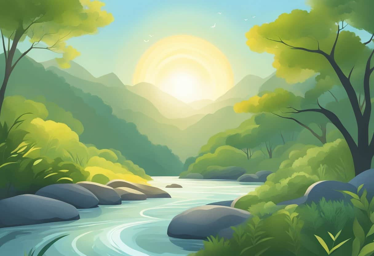 A serene setting with calming elements like a flowing river, greenery, and a bright sun. A subtle mantra symbol in the background