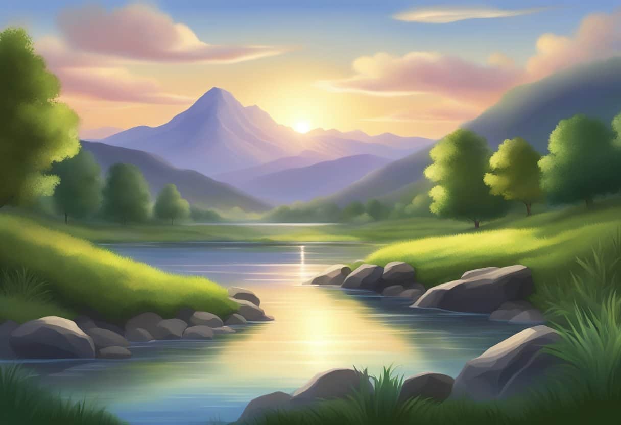 A serene landscape with flowing water, lush greenery, and a glowing aura of peace and tranquility