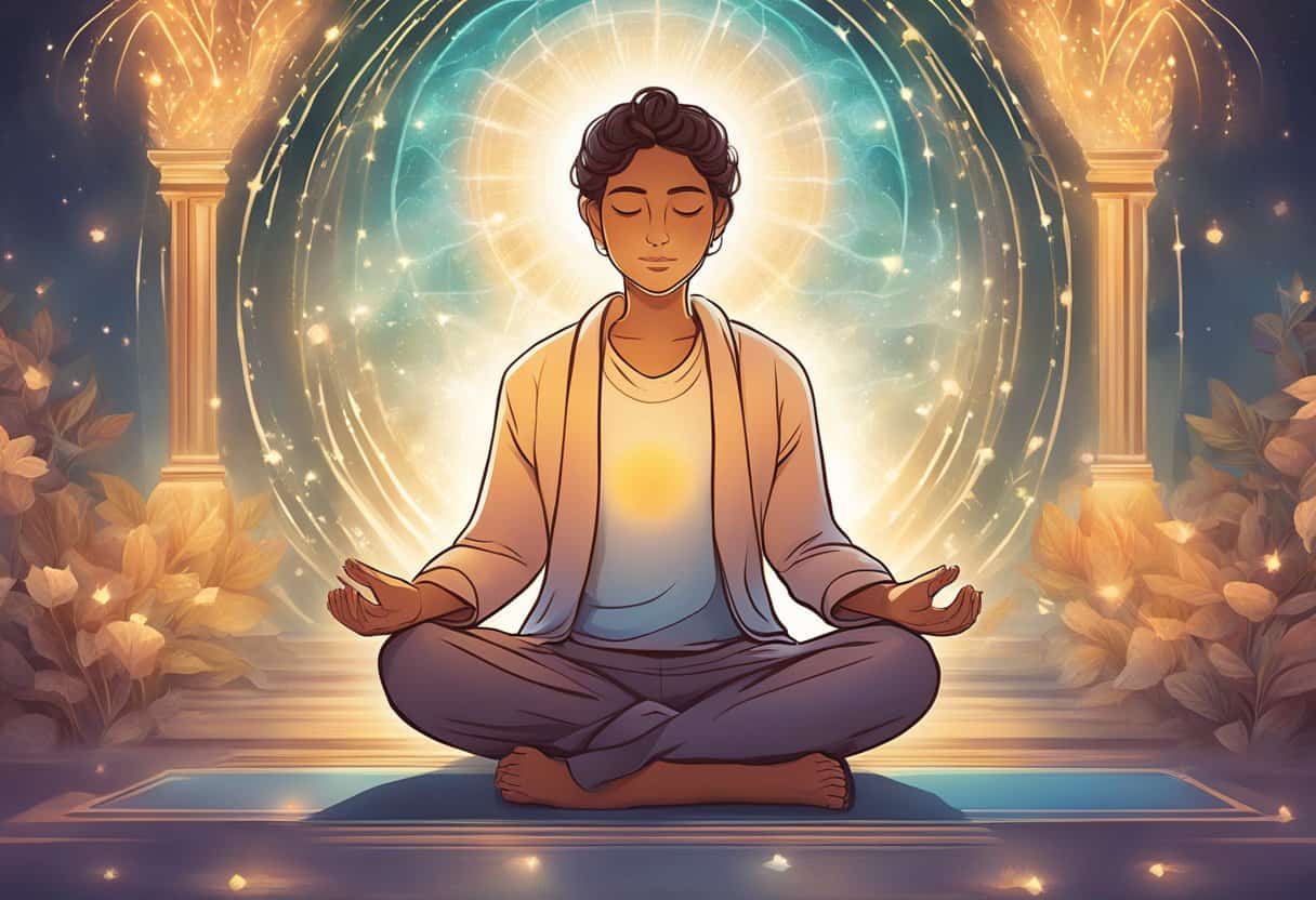 A mantra is a person sitting cross-legged, eyes closed, hands resting on knees, surrounded by soft glowing light