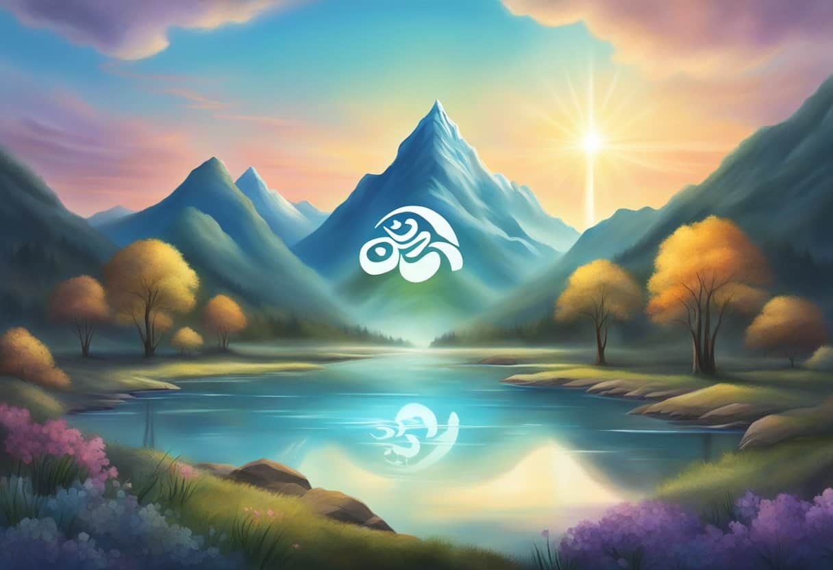A serene mountain landscape with a glowing mantra "om namah shivaya" floating in the air