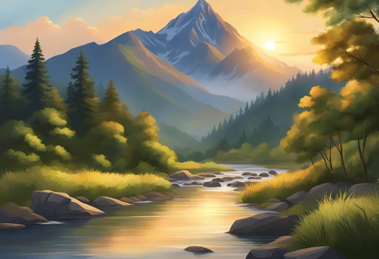 A serene river flows through a lush forest, with the sound of birds chirping and leaves rustling in the wind. The sun sets behind a majestic mountain, casting a warm glow over the scene