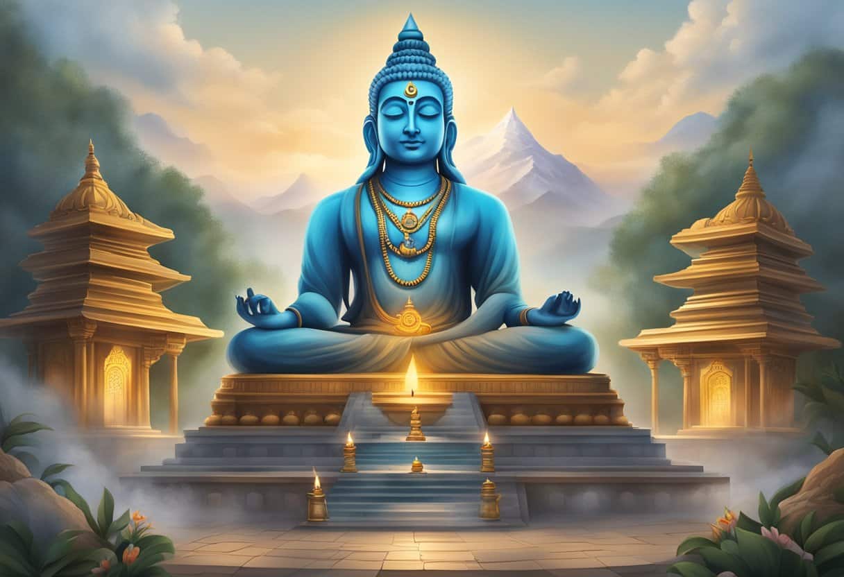 A serene temple with "Om Namah Shivaya" prominently displayed, surrounded by incense smoke and offerings