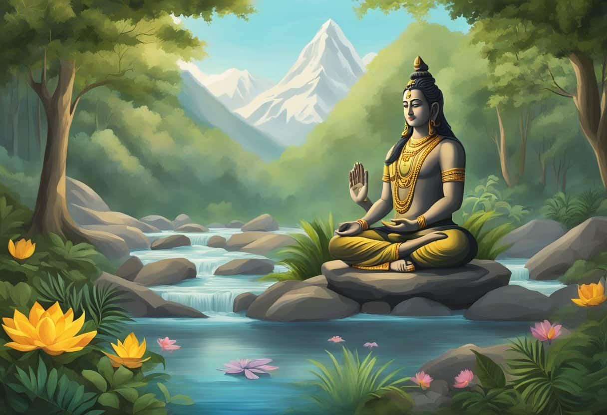 Shiva meditating in a serene forest clearing, surrounded by sacred symbols and offerings, with a peaceful river flowing nearby