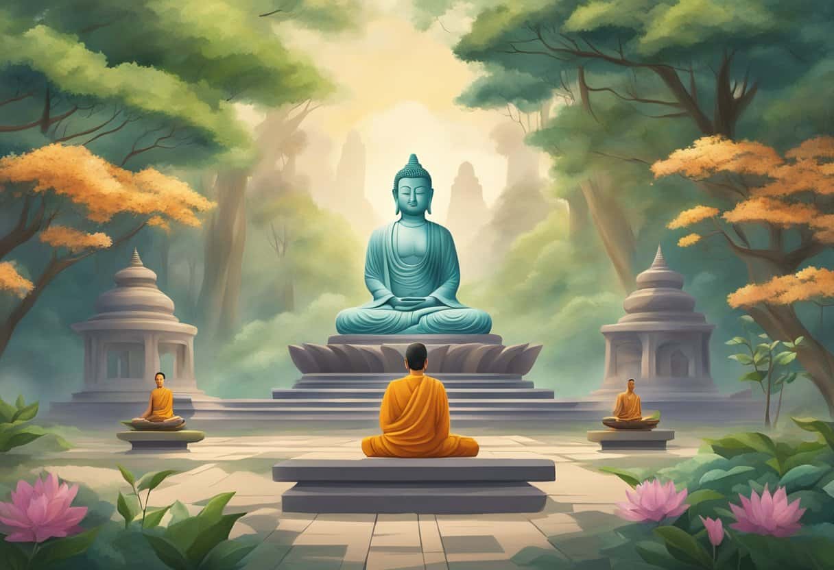 A serene temple garden with a Buddha statue, surrounded by meditating monks and incense smoke, evoking peace and mindfulness